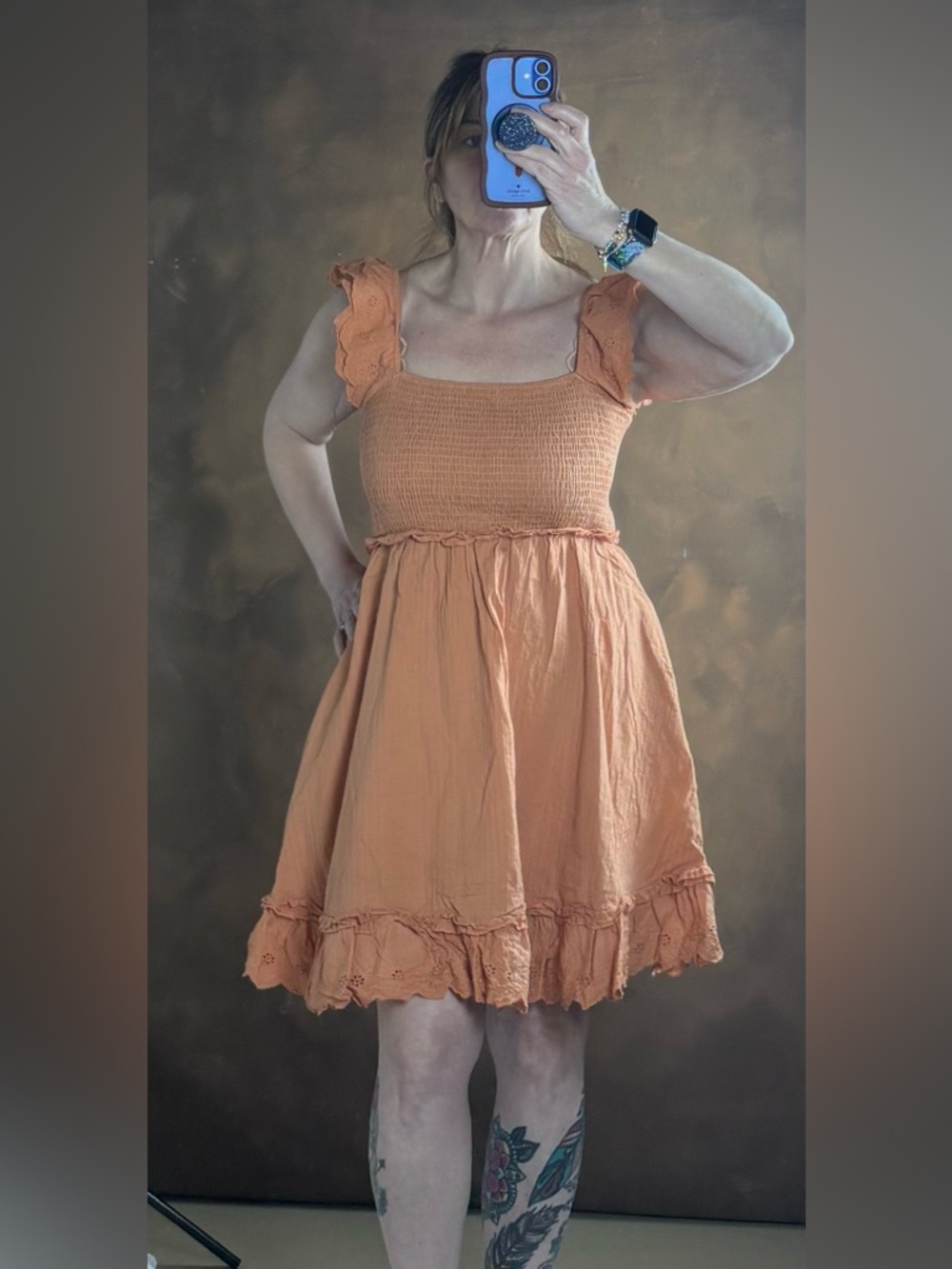 Smocked Ruffle-Strap Mini Dress in Peach Orange